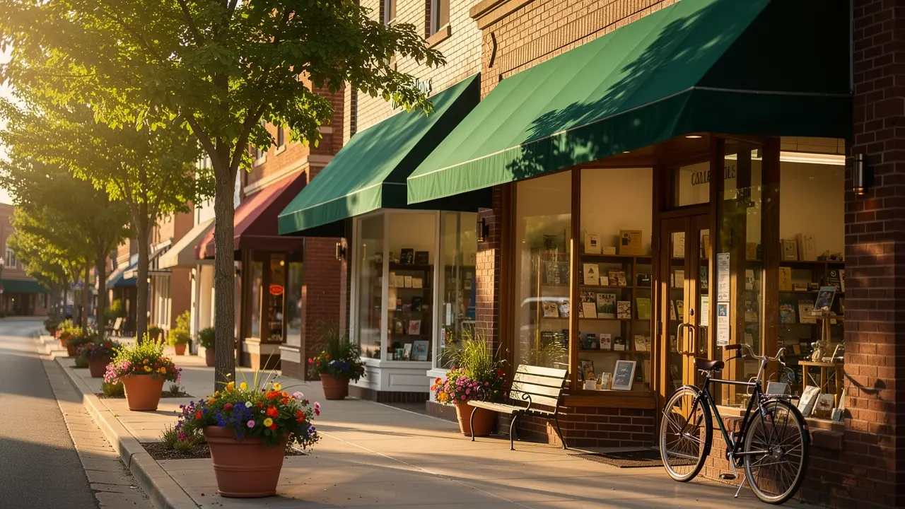 Brick main-street storefronts with green awnings and flower planters in morning light