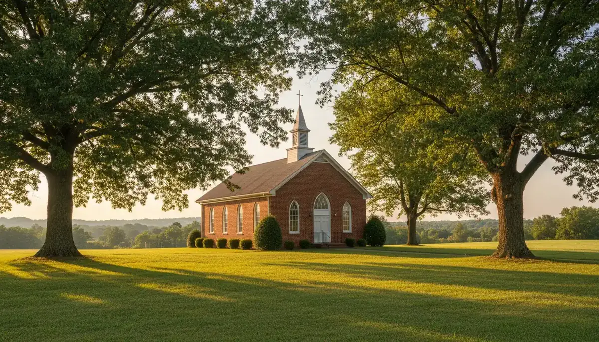 A red brick country church with a white steeple, Kentucky