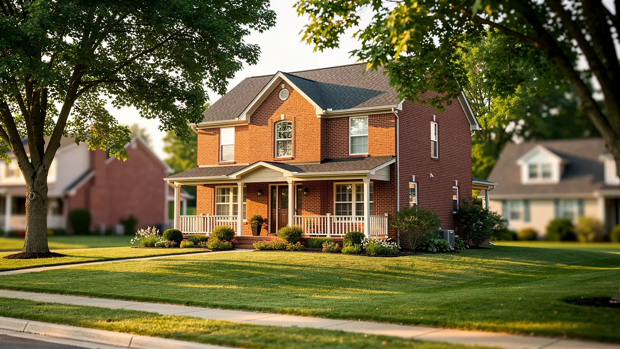 A brick two-storey family home with a covered porch and mature shade trees
