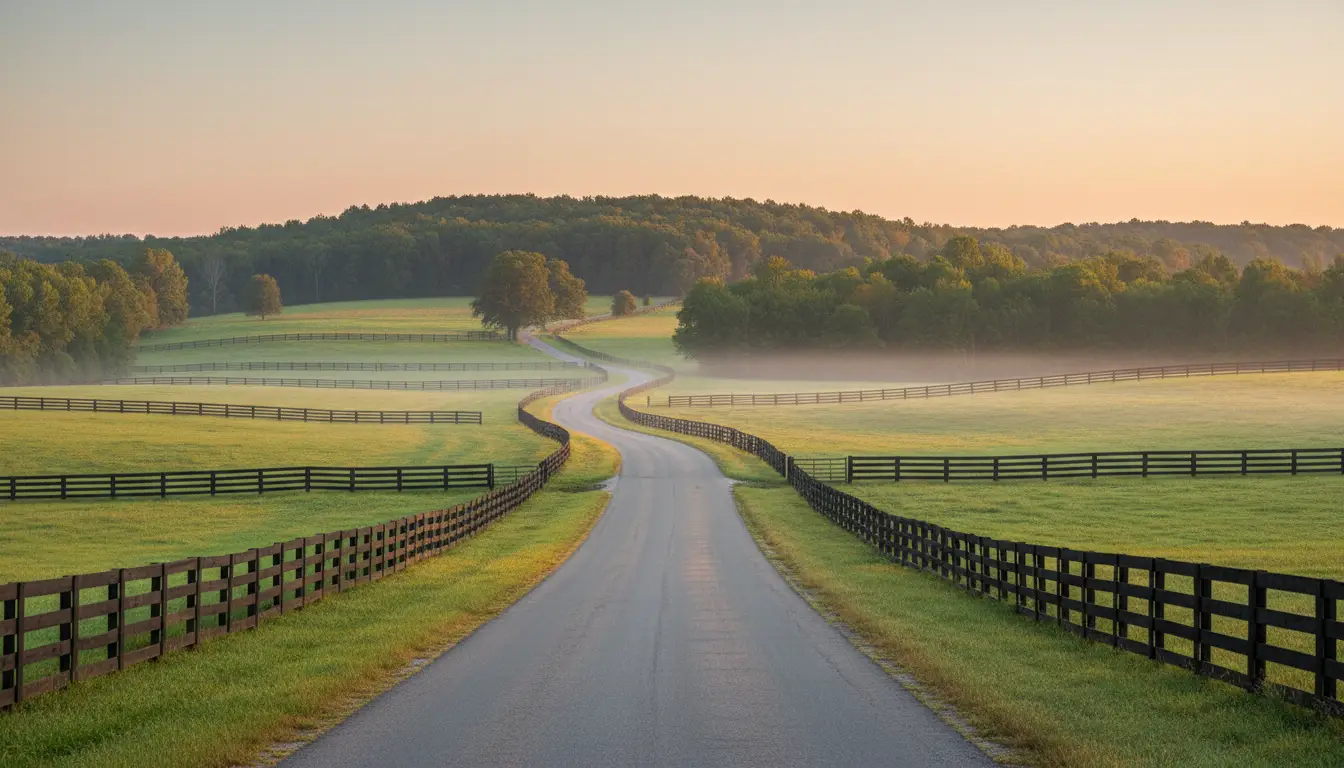 A two-lane Kentucky road between black plank horse fences at dawn